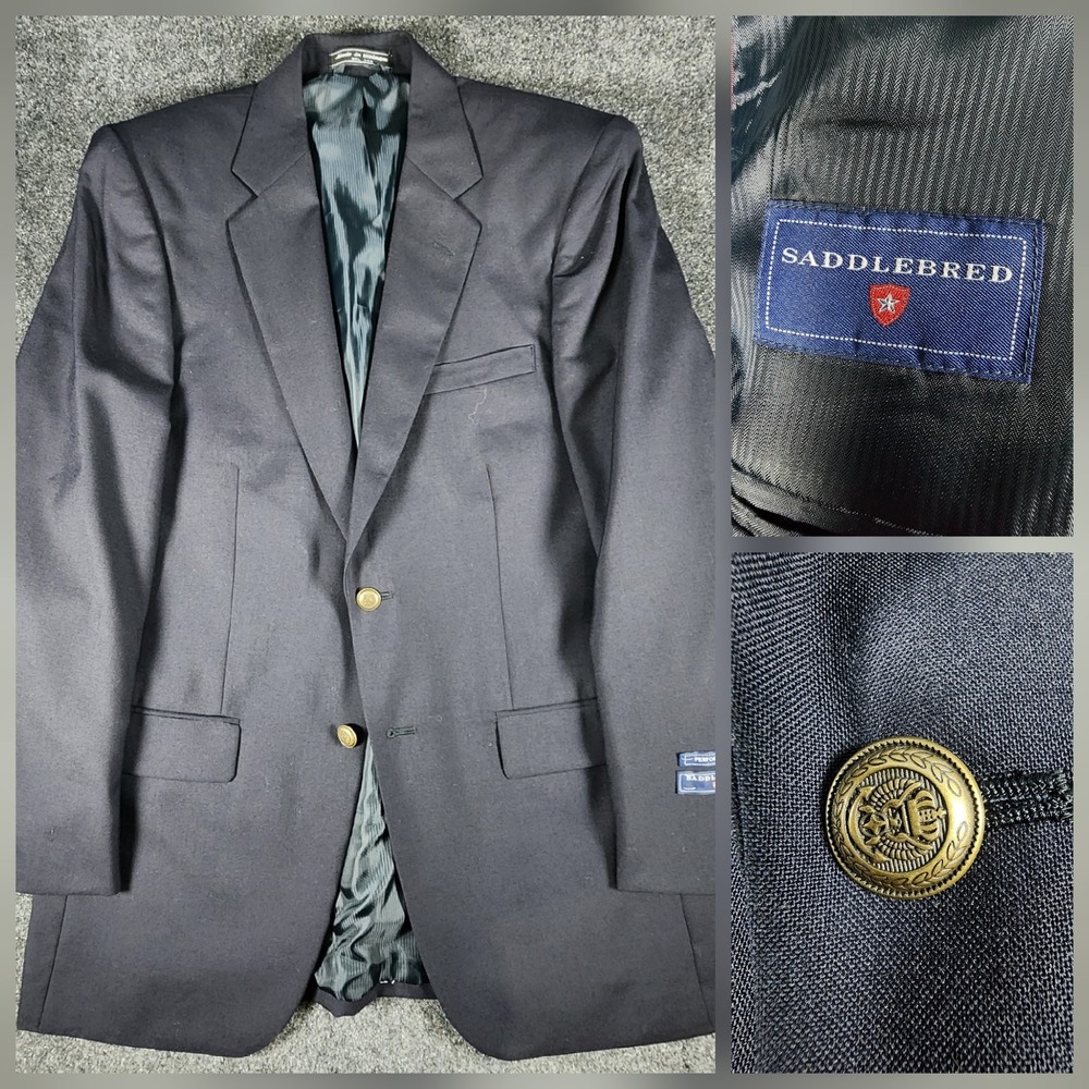 Saddlebred‎ Navy Gold Button Blazer 40L Men's Wool Blend Performance University